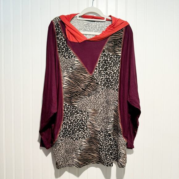 Storyteller Tops - Storyteller Leopard Print Tunic Top Hooded Purple Orange Plus Size 3X